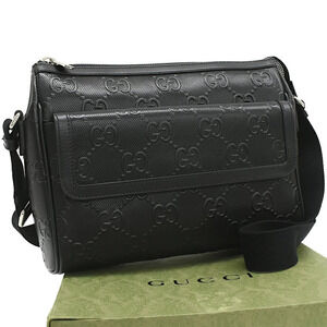 Gucci GG Embossed Messenger Bag Shoulder Leather Black